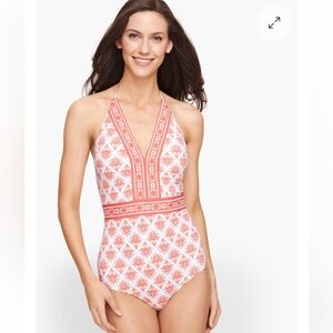 CABANA LIFE by Talbots EMBROIDERED HALTER ONE PIECE swimsuit Sz L coral
